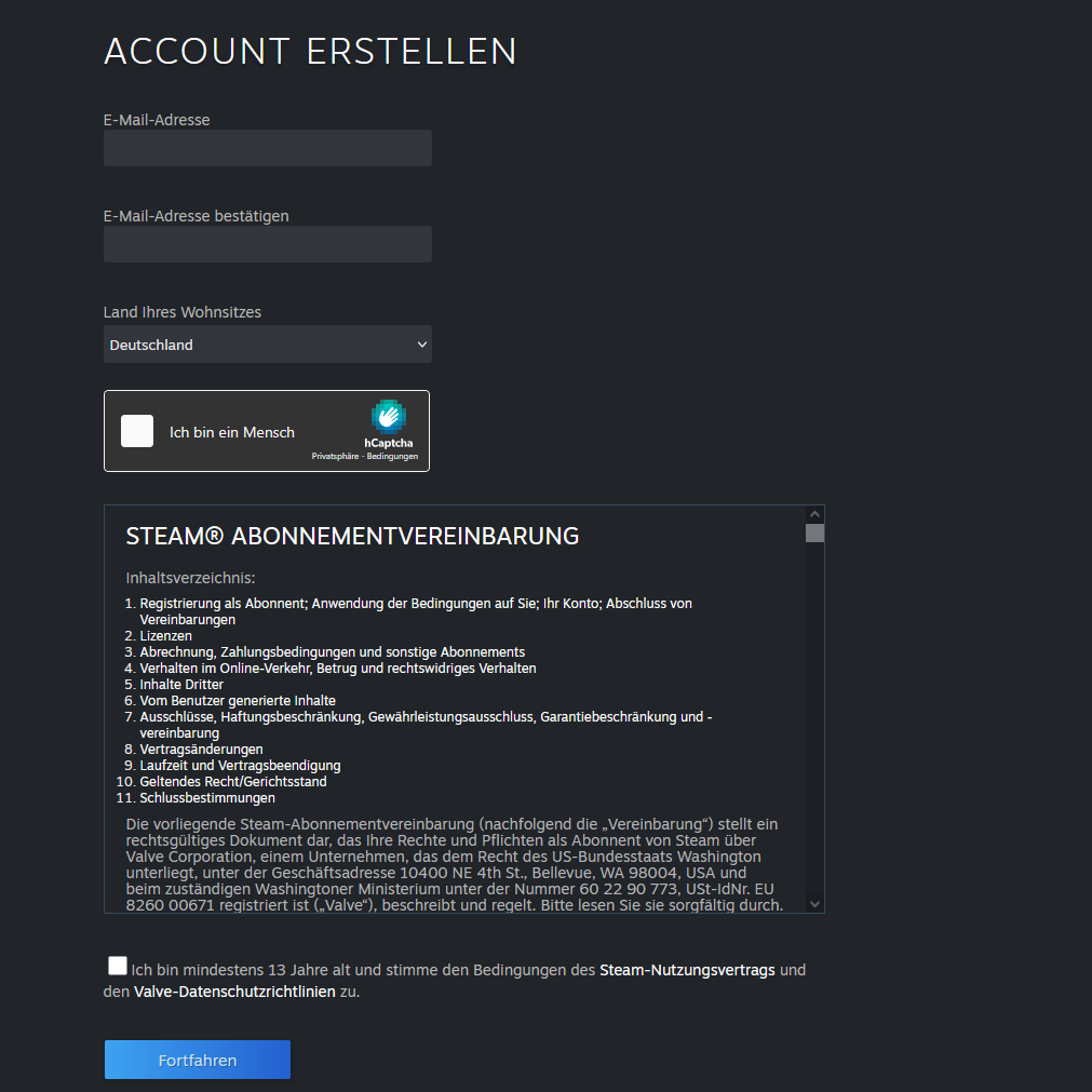 Registrierungsformular mit Feldern für E-Mail-Adresse, Land, Captcha, Nutzungsbedingungen und einem blauen Button 'Fortfahren