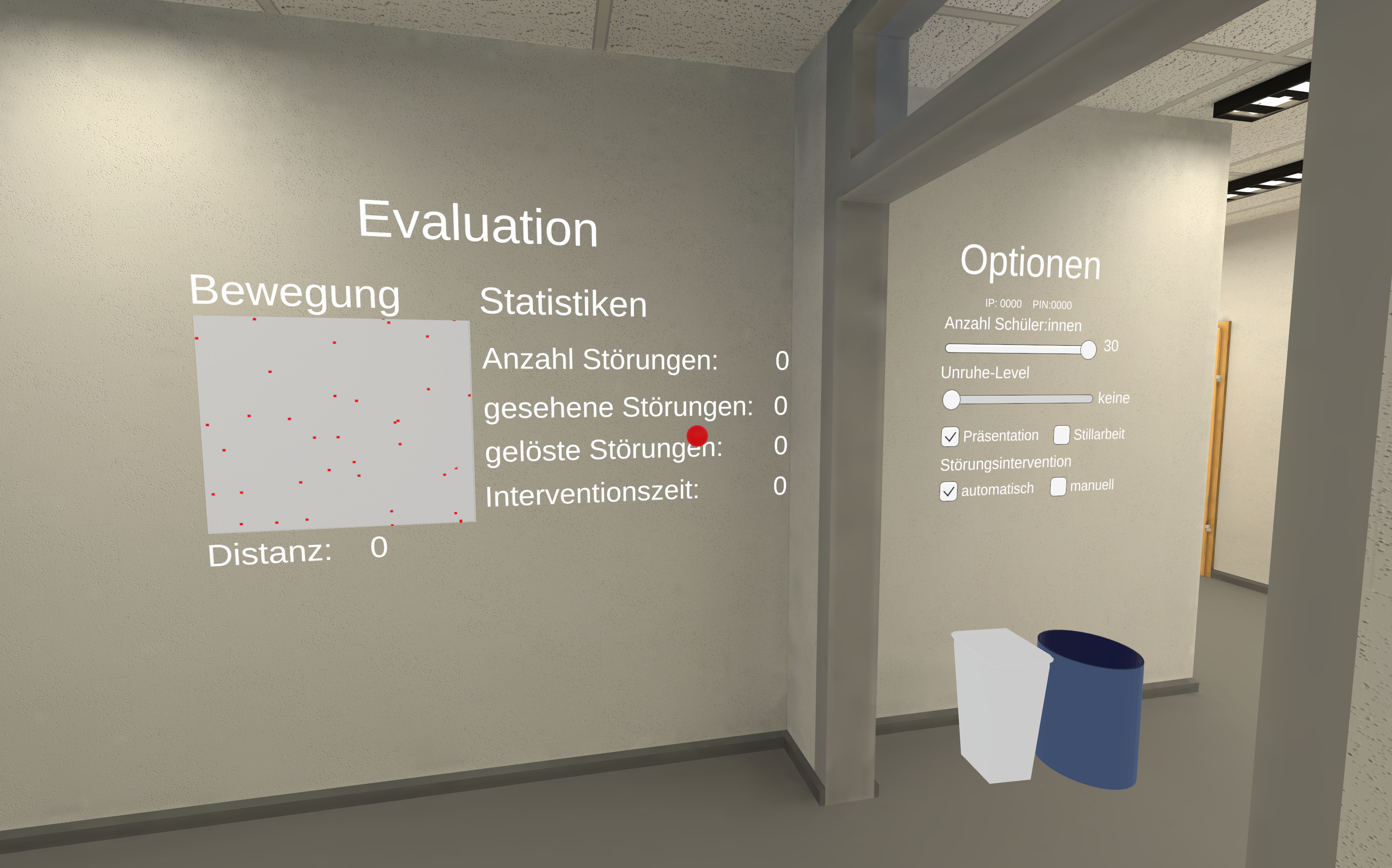 Virtueller Raum mit zwei Wänden, auf denen Evaluationsergebnisse und Optionen in deutscher Sprache angezeigt werden.