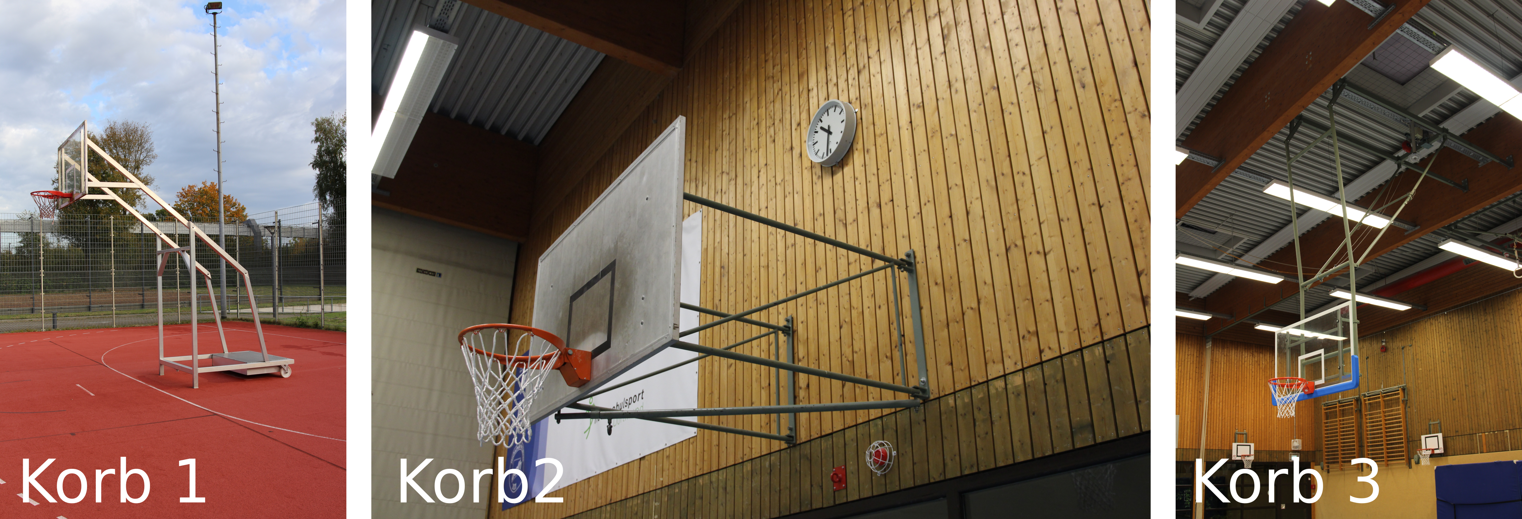 Korb 1: Verschiebbarer Korb mit Rollen und Standfüßen
Korb 2: Korb befestigt an der Wand
Korb 3: Korb befestigt an der Decke