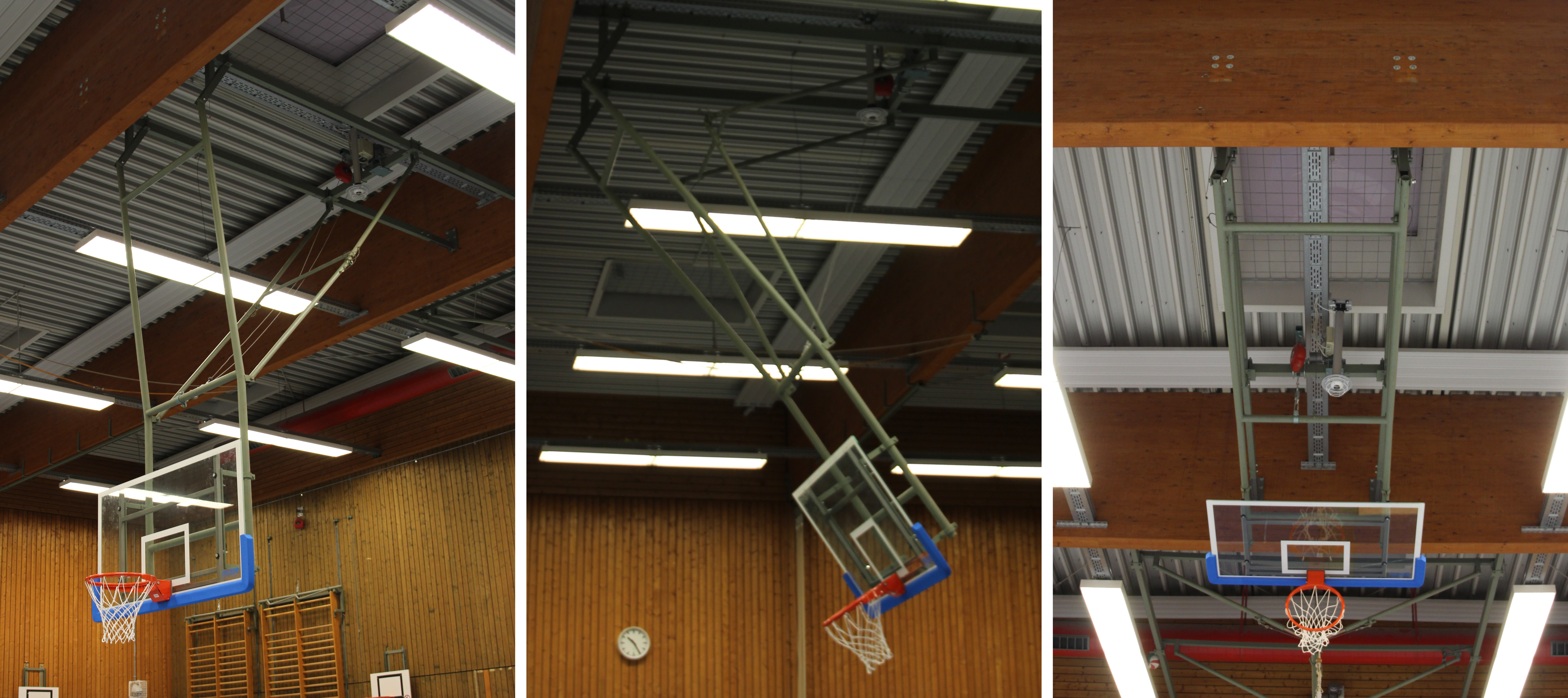 Korb 3 ist an der Decke befestigt und kann über eine Seilwinde an die Decke gezogen und wieder herabgelassen werden.
